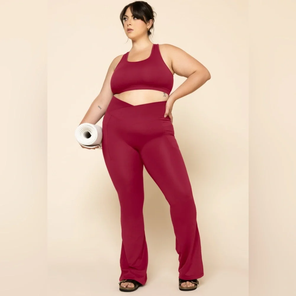 POPFLEX Crisscross Hourglass Flared Leggings with Pockets - Ruby - Picture 1 of 5